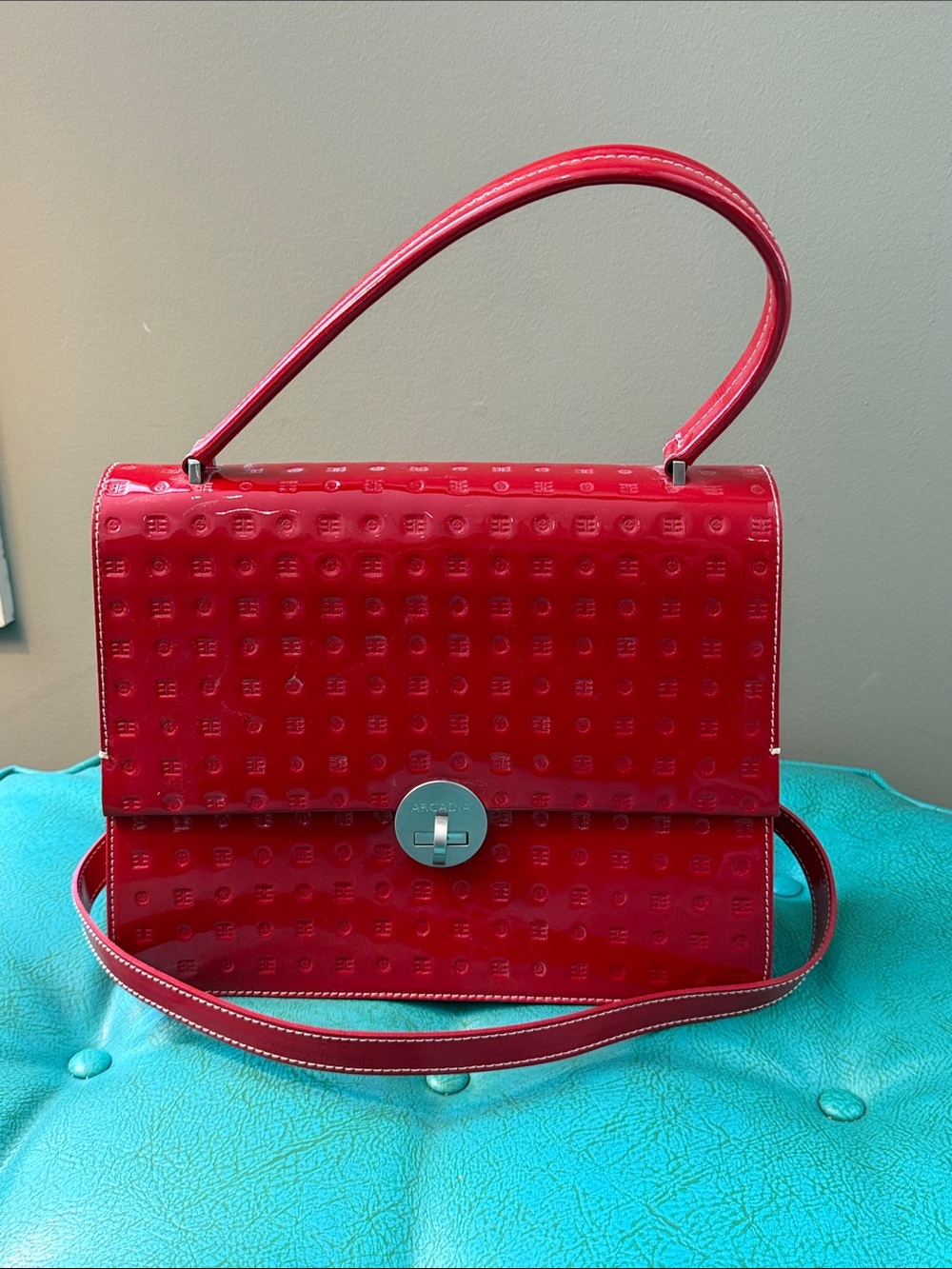 Large bright red patent leather embossed Arcadia structured statement  purse bag